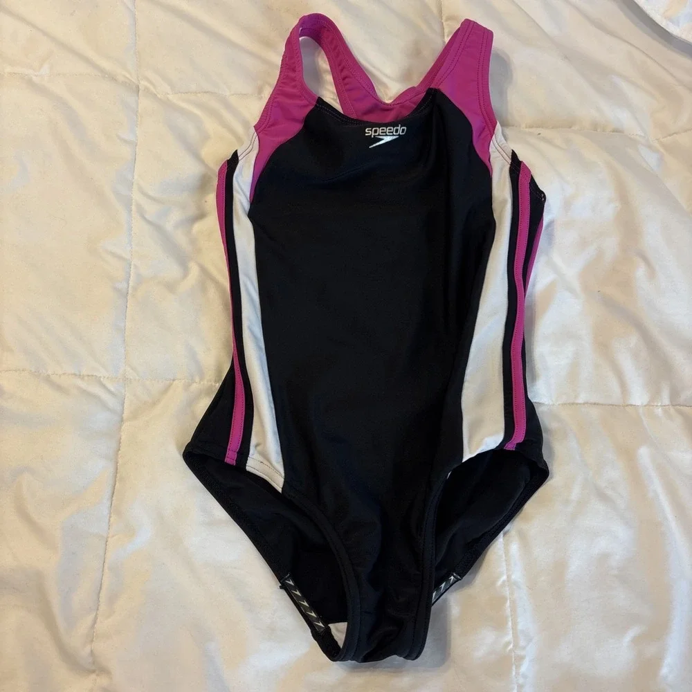 Speedo Girls Youth Infinity Splice 1 Piece Swimsuit Black Pink 10 7142026